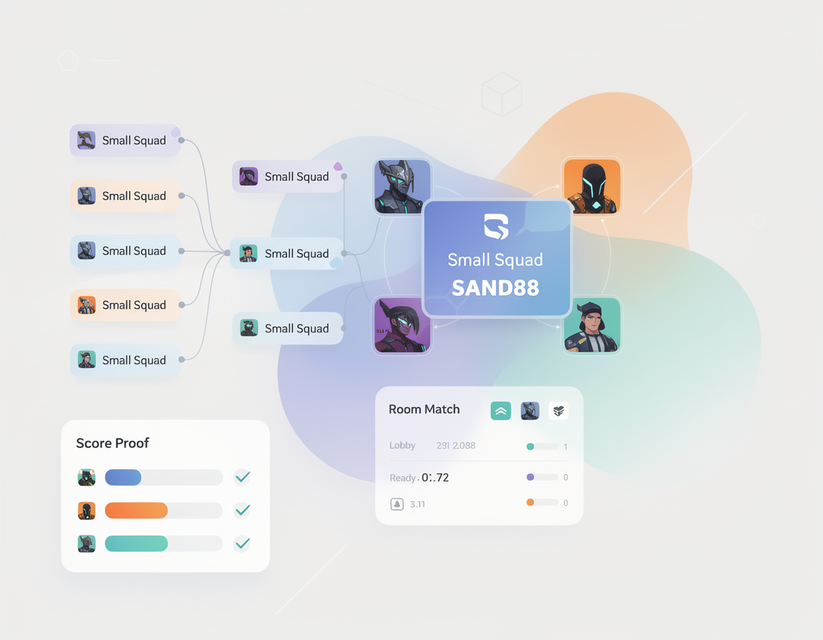 Ilustrasi team finder untuk squad kecil SAND88 dengan bracket, room match, dan bukti skor