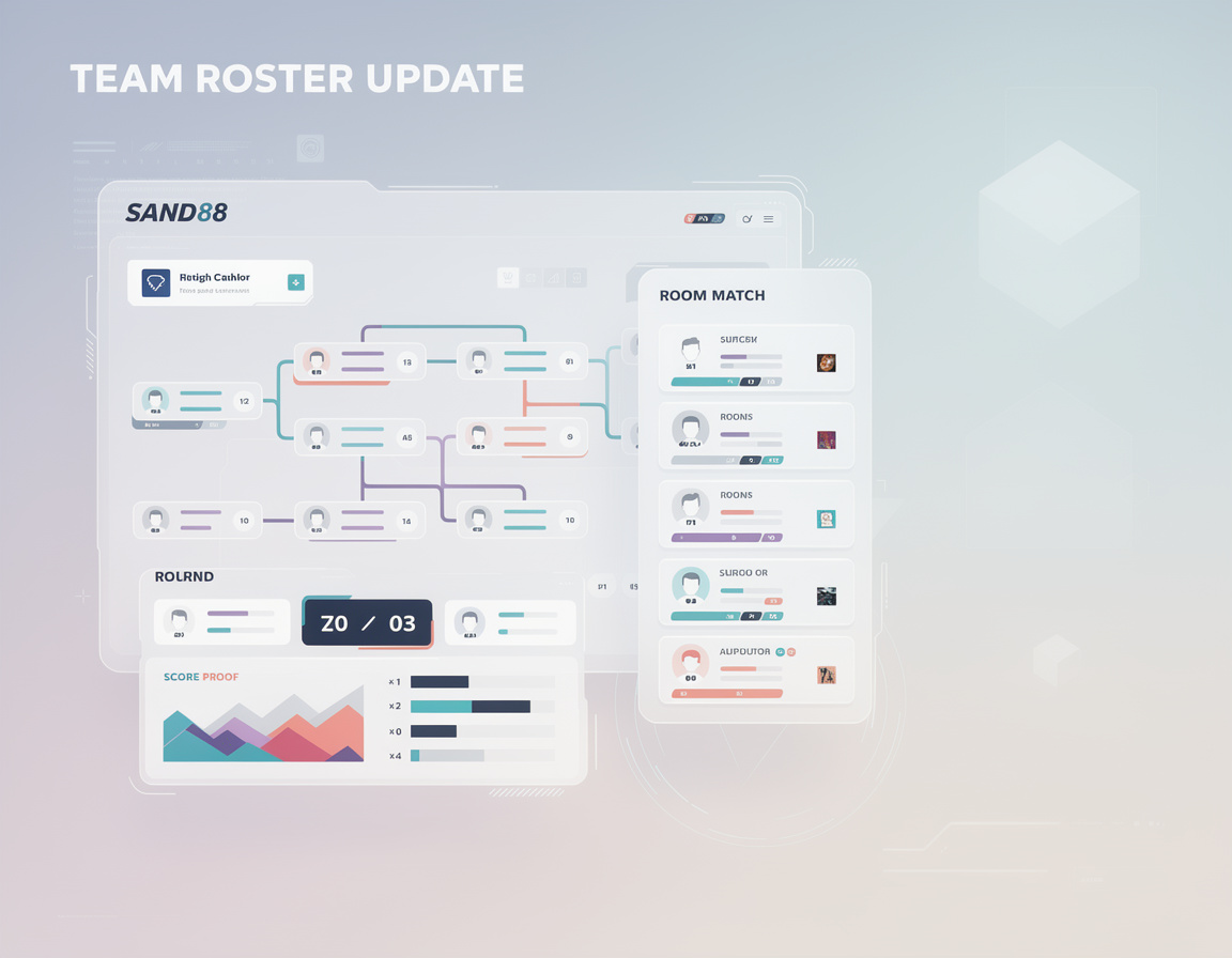 Ilustrasi team roster update SAND88 dengan bracket, room match, dan bukti skor